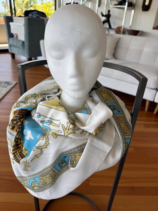 Italian Accessories - VATICAN CITY ITALY White & Turquoise Baroque Print Silk Scarf
